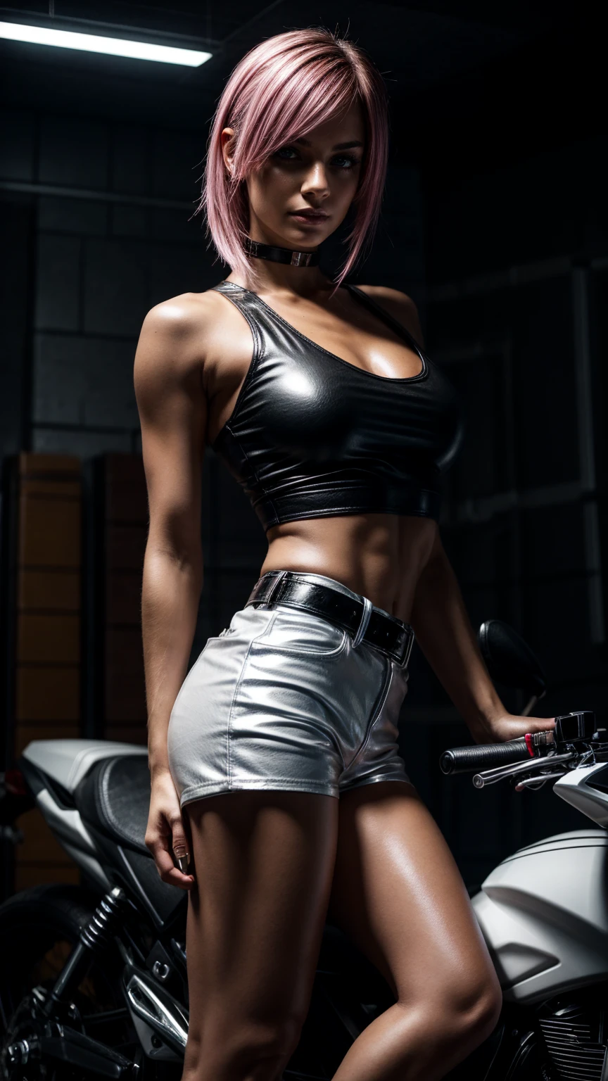Seductive and confident look. Visible entire body. Sweaty. Big biceps, visible veins. Folded arms, Long legs. Slim age european girl. Shiny leather shorts, sneakers, white shirt. Motorbike garage. Pink hair, sidecut. Piercing. backlit, smirk, belt, backlit, perfect sultry make-up, cinematic, realistic, high contrast, visually rich,piercing eyes, strong eyeliner, mesmerizing eyes, elegant, graceful, natural beauty, charismatic, versatile, photogenic, very detailed