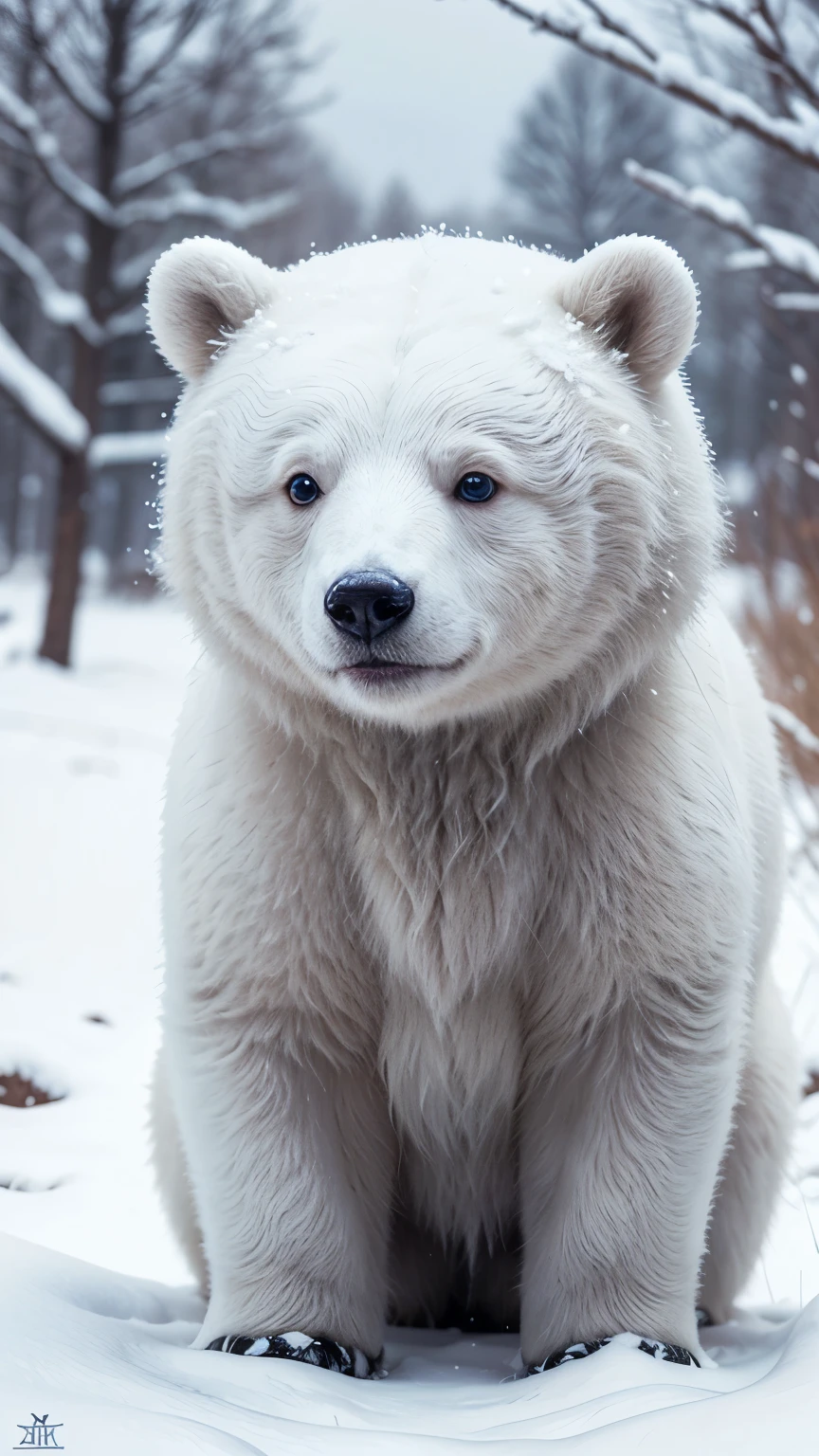A fully detailed, super realistic photographic image of a cute little animal like a white bear, Expressive and realistic eyes looking at a snowy landscape detailed image