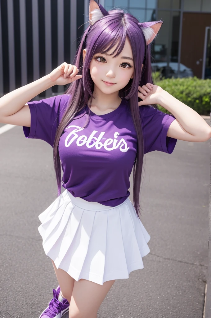 An anime girl has a purple t-shirt purple sneakers cat paw white skirt and loves roblox 