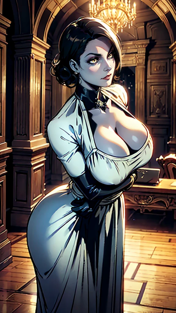Alcina,yellow eyes,black hair,short hair,
white dress with flower, single earring,cleavage, black gloves, veiny,
upper body, standing, cowboy shot, curvy, leaning forward,
looking at viewer,smile,
castle,indoors,night, desk,
(insanely detailed, beautiful detailed face, beautiful detailed eyes, masterpiece, best quality),solo,
