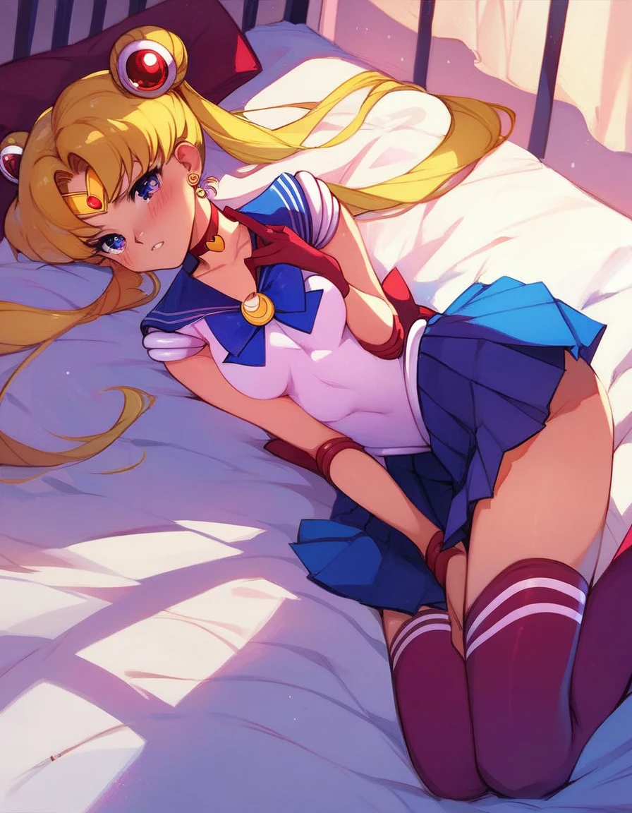 score_9, score_8_up, score_7_up, 

bishoujo_senshi_sailor_moon,super_sailor_moon,tsukino_usagi,pleated_skirt,red_choker,thighhighs

on bed, thighs, hand between thighs, blush, look at viewer, lying