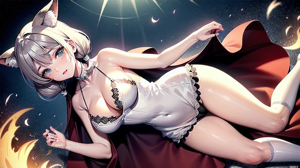 (masterpiece), best quality, expressive eyes, perfect face, perfect hands, blushing, fire bobcat queen, heterochromia, hair fringe, hair clips, huge teardrop , sexy dress, cleavage, v-neck, fabric lace, fishnet stockings, long cape, fluttering, long high twintails, animal ears, incredible details, masterpiece, wallpaper art, full body art, hands on legs, solo, demonic possession, (glow, god rays, ethereal, dreamy, heavenly, otherworldly, dream-like, breathtaking, captivating, divine),