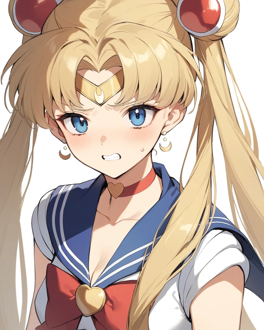 masterpiece,best quality,bishoujo_senshi_sailor_moon, heart, crescent, red_choker, teeth, sailor_senshi_uniform, sailor_moon, jewelry, breasts, small_breasts, bow, hair_bun, clenched_teeth, heart_choker, earrings, magical_girl, blue_sailor_collar, sailor_moon_redraw_challenge_(meme), sailor_shirt, sleeveless, collarbone, red_bowtie, sweatdrop, 1girl, solo, bowtie, circlet, cleavage, crescent_earrings, collared_shirt, sailor_collar, tsukino_usagi, sleeveless_shirt, meme, hair_intakes, shirt, upper_body, white_shirt, choker, red_bow