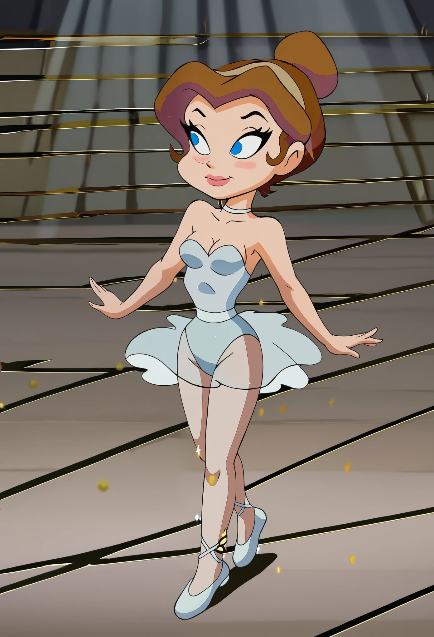 score_9, score_8_up, score_7_up, BREAK, LPB, brown hair, hair bun, blue eyes, leotard, ballet slippers