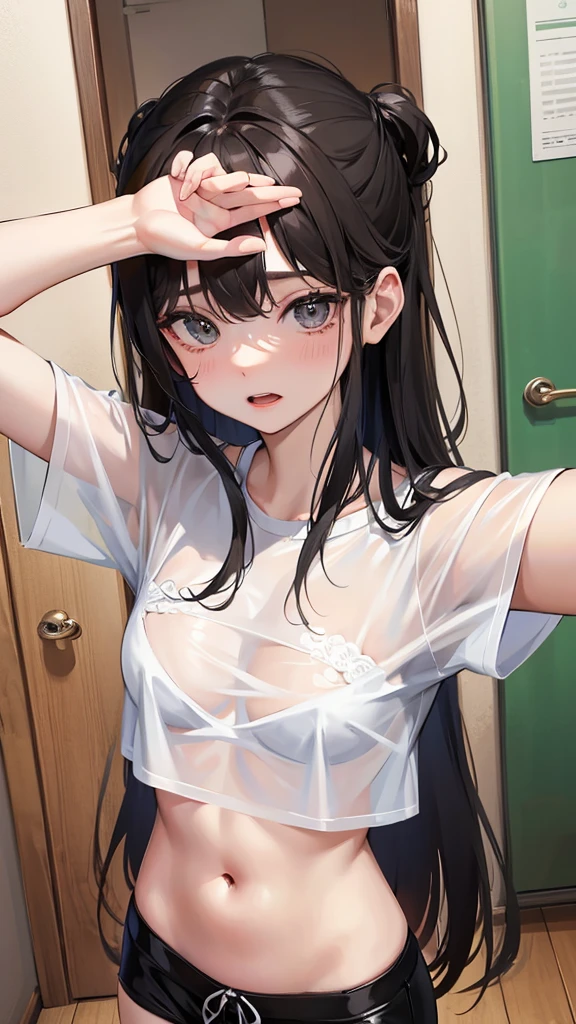 20Generation of women、Beauty、The top is a white long T-shirt and the bottom is black underwear.、A little sheer underwear。The skin is slightly burned、Pink long hair、The appearance of stretching、Her breasts are E cup and slightly see-through。She is wearing makeup and looks very cute, but also a little embarrassed.。The background is my room, a modern girl's room.。