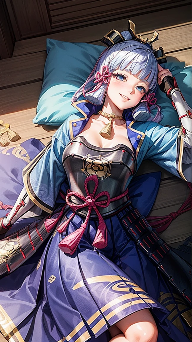 (Kamisatoayakadef), (narrow waist), blushing, official art, detail face, cg, lying on bed, (expansive landscape photography:1.2),(indoor night), huge breasts,smile, make up, eyeliner, eyeshadow
