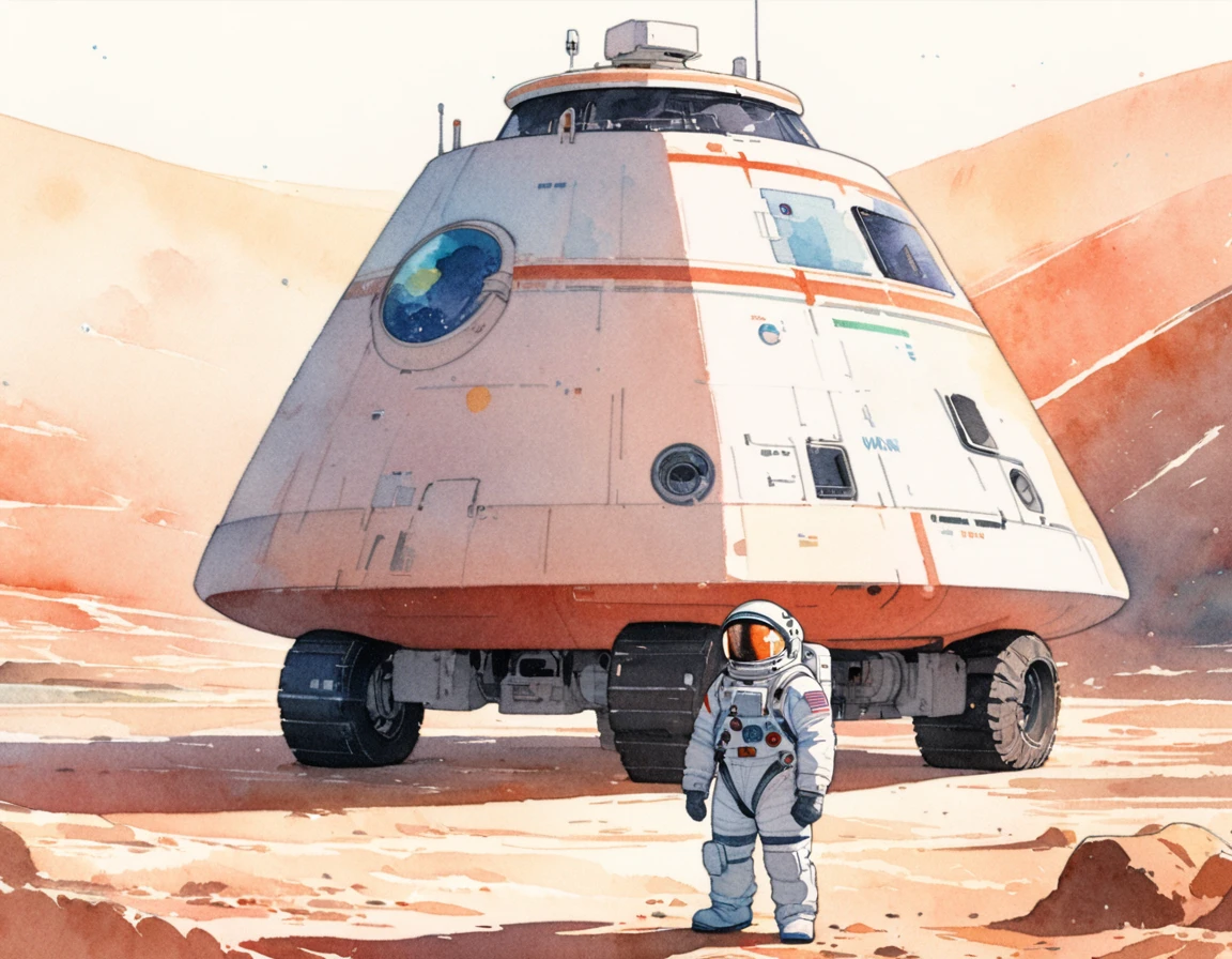 (a masterpiece),(top quality),(Super detailed),(high resolution),((Line art)),((watercolor)),8K,wallpaper, an astronaut in the style of films of the 90s, standing near a space rover, hand under the visor, looking into the distance, (In the background is the sandy planet Mars.),movie poster style
