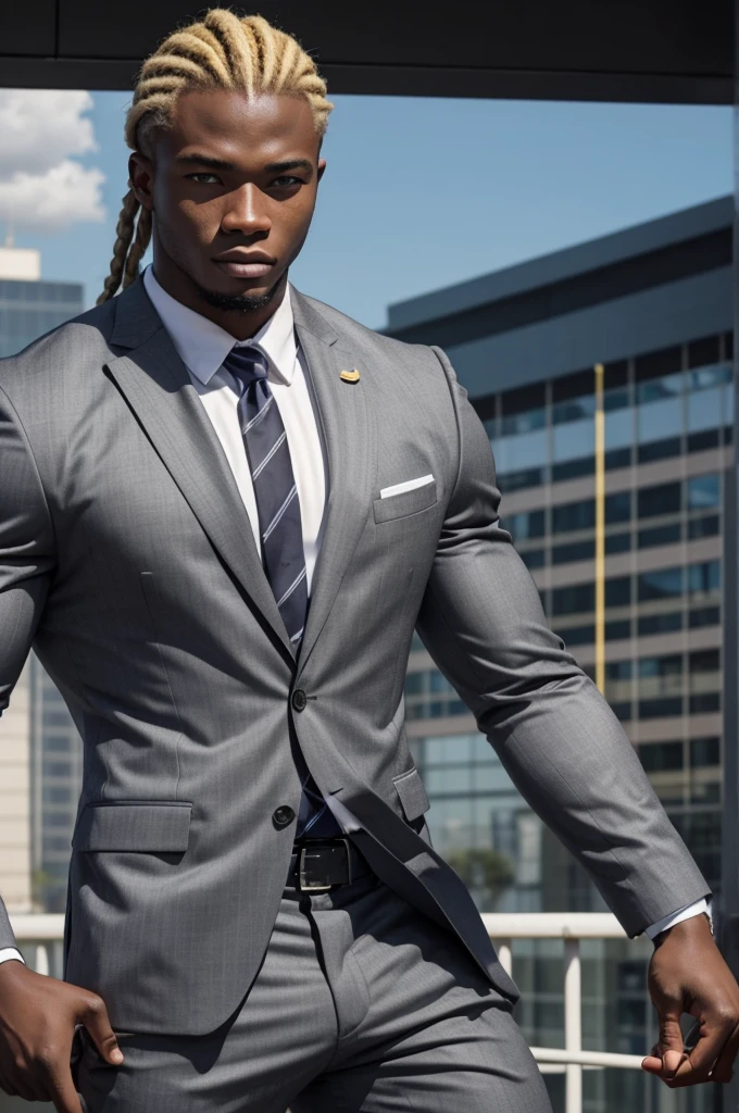 21 year old man from Congo, bulky muscular body, blonde cornrow hair, strong, in gray business suit, on football field, heroic pose