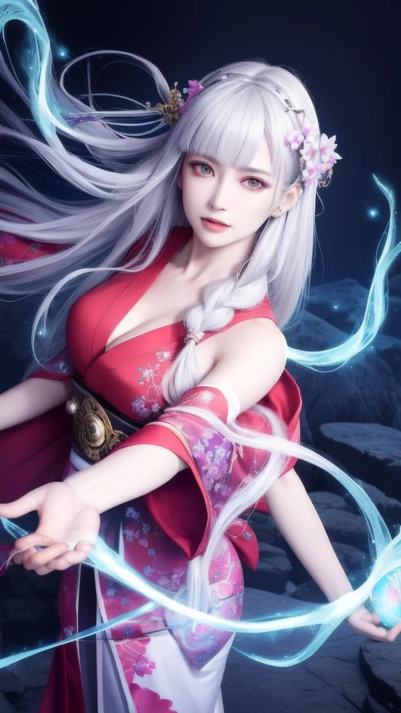 (masterpiece, top quality, 1 female, solo, exquisite details, chromatic aberration), (realistic), (skin), ((breathing)), (silver hair, blunt bangs, cropped straight long hair, short bangs, silver hair), beautiful hair, red headdress, highlights, hair on one eye, beautiful eyes, purple eyes, thick lips, earrings, piercing eyes, ((gold and white kimono)), ((symmetrical eyes)), ((perfectly symmetrical body)), ((perfectly symmetrical hands)), (purerosface_v1:0.3), full moon night, ((self, natural light))), bright lighting, flowers blooming in background, in front of viewer, ((central shot, from the front, (face and shoulders))), mysterious atmosphere, colorful flowers blooming around, bright colored background, shrine maiden in kimono, beautiful shrine maiden, Shrine maiden, fantasy female shrine maiden, female fortune telling shrine maiden, fantasy photography, Japanese style, elegant cinematic fantasy art, fantasy woman, sorceress portrait, powerful wizard surrounded by mystical colorful flowers, holding a glowing heart crystal ball, eyes glowing with mystical energy, spells leaking from her mouth, vibrant sorcery vortexes pulsating with rainbow hues appear in the air, magic permeates, flowers bloom, sacred creatures gaze in awe, threads of magical energy dance, reveal hidden realms, unravel secrets, capture the essence of this enchanting moment and bring to life the mystical power of sorcery on a canvas of the highest quality and finest detail. Top quality, masterpiece, ultra high resolution, (photorealistic: 1.4), RAW photo, sharp focus, high resolution, detailed skin.
Flowers blooming all around, bright colored background, fortune teller in kimono, beautiful fortune teller, fortune teller, fantasy female fortune teller, female fortune teller, fantasy photography, Japanese style, fortune teller in kimono, elegant cinematic fantasy art, fantasy woman, magician portrait, fortune teller, powerful wizard surrounded by mystical colorful flowers, holding a glowing heart c
