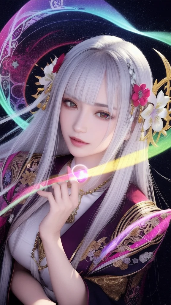 (masterpiece, top quality, 1 female, solo, exquisite details, chromatic aberration), (realistic), (skin), ((breathing)), (silver hair, blunt bangs, cropped straight long hair, short bangs, silver hair), beautiful hair, red headdress, highlights, hair on one eye, beautiful eyes, purple eyes, thick lips, earrings, piercing eyes, ((gold and white kimono)), ((symmetrical eyes)), ((perfectly symmetrical body)), ((perfectly symmetrical hands)), (purerosface_v1:0.3), full moon night, ((self, natural light))), bright lighting, flowers blooming in background, in front of viewer, ((central shot, from the front, (face and shoulders))), mysterious atmosphere, colorful flowers blooming around, bright colored background, shrine maiden in kimono, beautiful shrine maiden, Shrine maiden, fantasy female shrine maiden, female fortune telling shrine maiden, fantasy photography, Japanese style, elegant cinematic fantasy art, fantasy woman, sorceress portrait, powerful wizard surrounded by mystical colorful flowers, holding a glowing heart crystal ball, eyes glowing with mystical energy, spells leaking from her mouth, vibrant sorcery vortexes pulsating with rainbow hues appear in the air, magic permeates, flowers bloom, sacred creatures gaze in awe, threads of magical energy dance, reveal hidden realms, unravel secrets, capture the essence of this enchanting moment and bring to life the mystical power of sorcery on a canvas of the highest quality and finest detail. Top quality, masterpiece, ultra high resolution, (photorealistic: 1.4), RAW photo, sharp focus, high resolution, detailed skin.
Flowers blooming all around, bright colored background, fortune teller in kimono, beautiful fortune teller, fortune teller, fantasy female fortune teller, female fortune teller, fantasy photography, Japanese style, fortune teller in kimono, elegant cinematic fantasy art, fantasy woman, magician portrait, fortune teller, powerful wizard surrounded by mystical colorful flowers, holding a glowing heart c