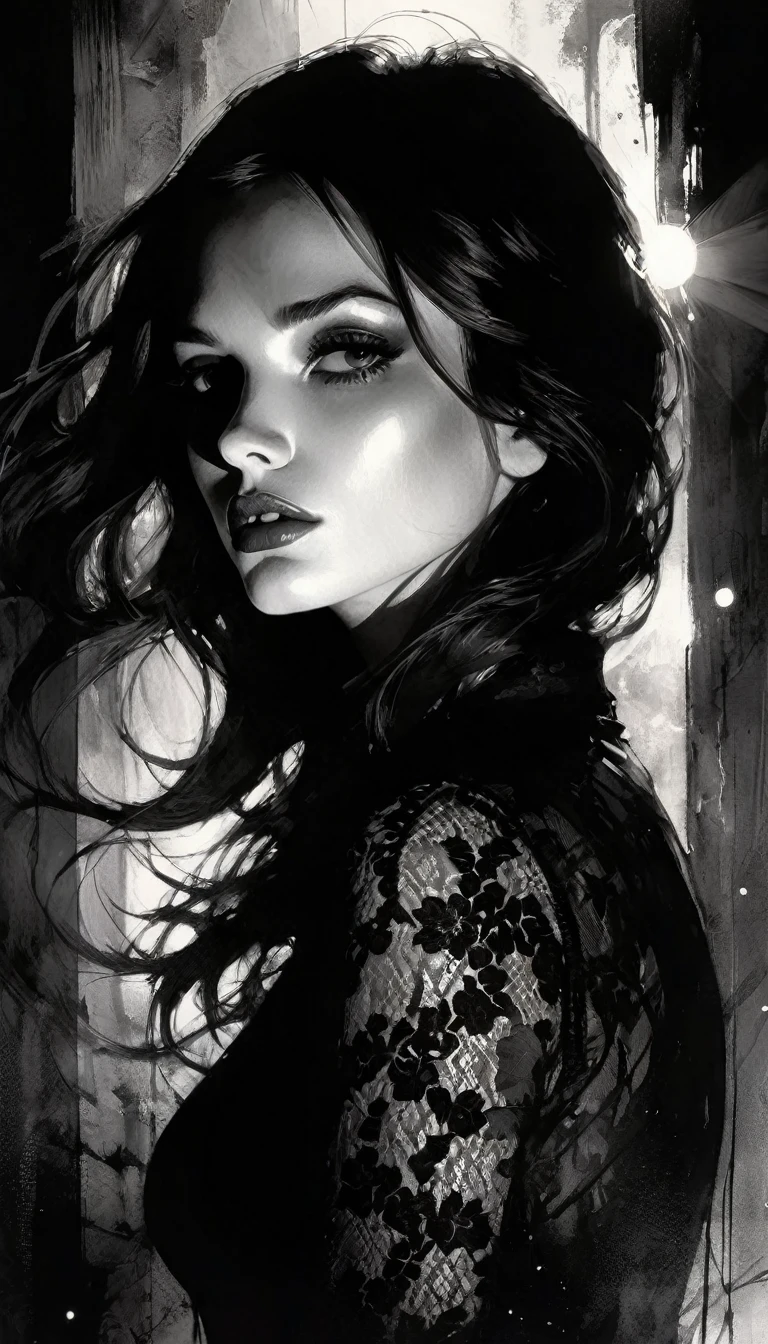 chiaroscuro, sensual, dramatic lighting, moody atmosphere, photorealistic, intricate details, masterpiece, ultra-detailed, high quality, 8k, best quality, realistic, cinematic, dark and brooding, expressionistic, powerful composition, emotional impact, black and white image, Bill Sienkiewicz inspired art
