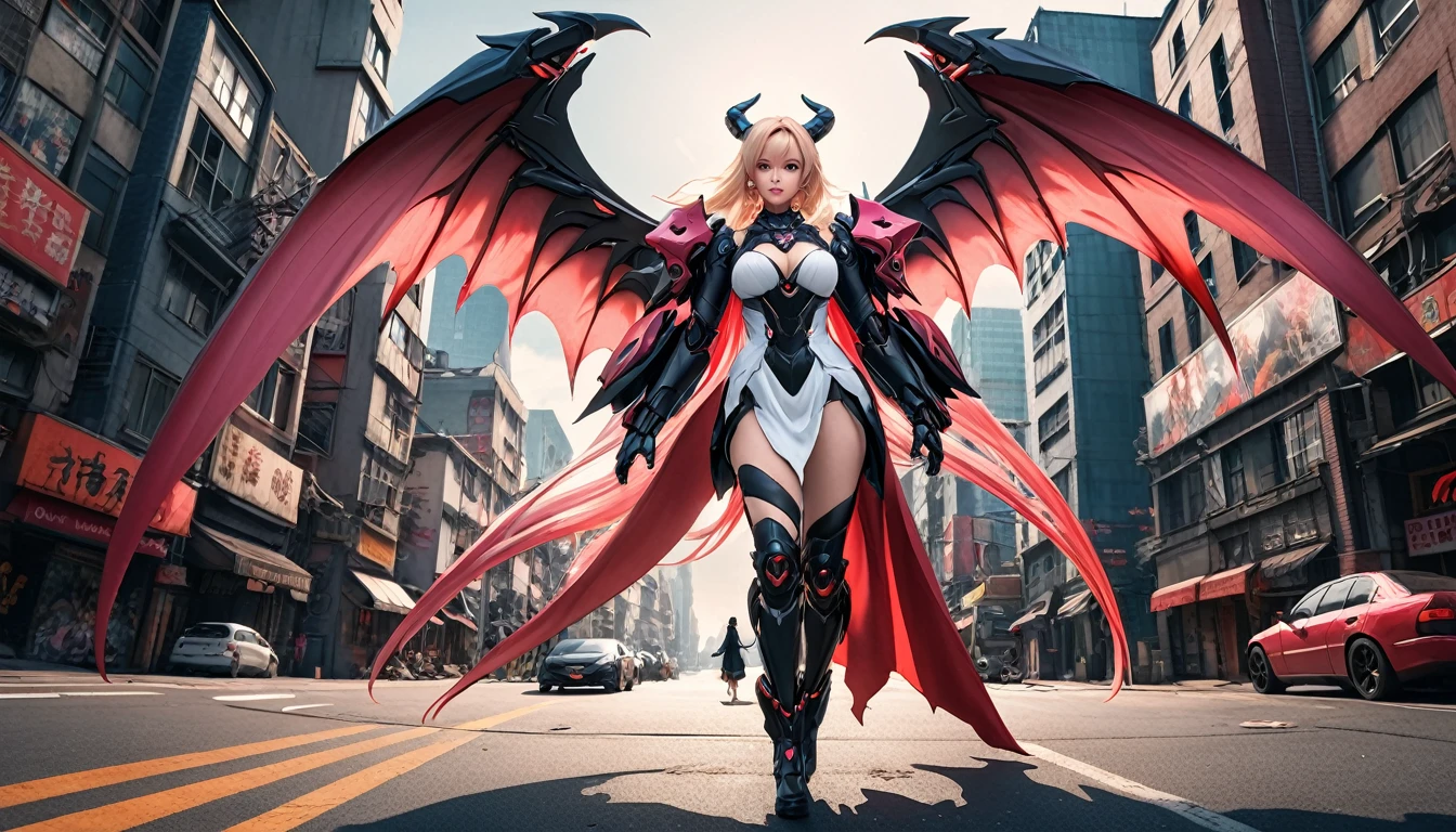 high-angle shots, and fisheye effects. A beautiful mecha angel lady and an mecha evil devil lady walking side by side, one with long blonde hair in white flowing gown with wings on back of her arms, other has pink red black colored hair wearing cloak and ripped jeans boots and horns with bat tail behind them city background realistic high detail, photo, cinematic, anime, dark fantasy, vibrant, landscape photography, fullbody