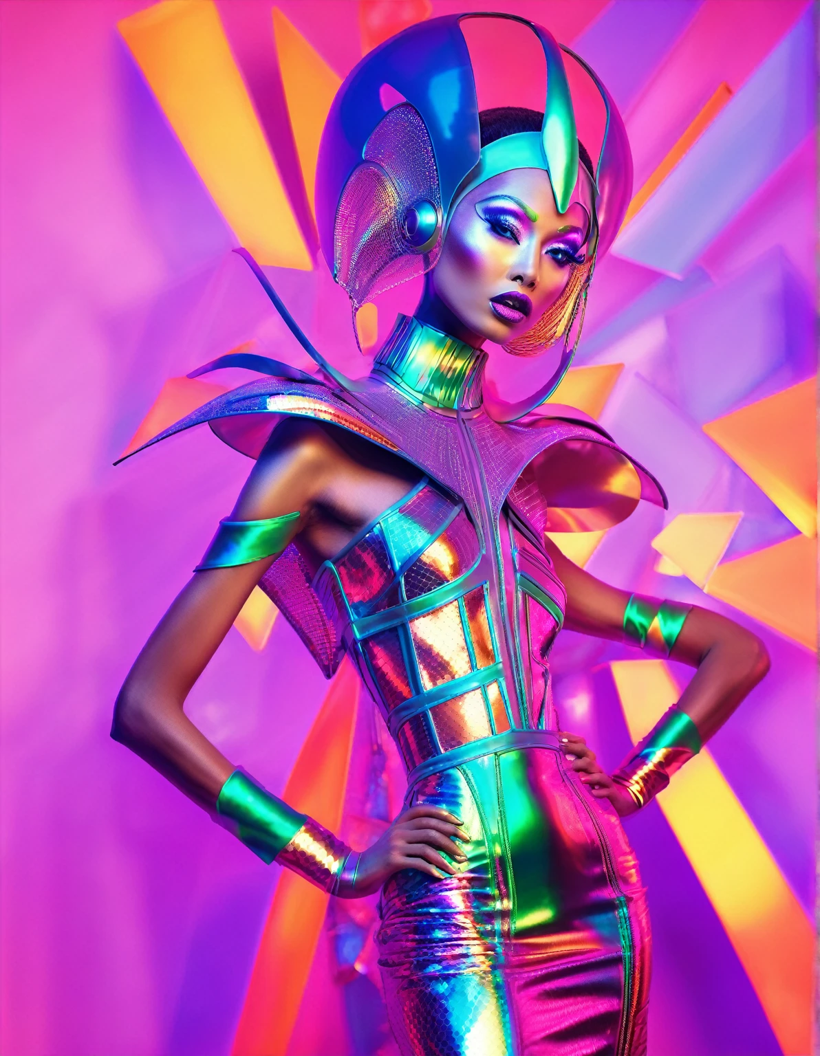 Female alien disco diva, wearing couture architectural dress inspired by galactic concept at party, fashion statement, cocktail colours, dynamic photography. 