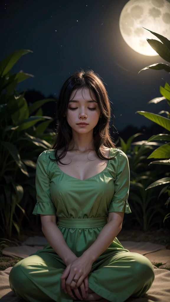 [woman meditating in green dress [focusing] ] [under the moonlight]