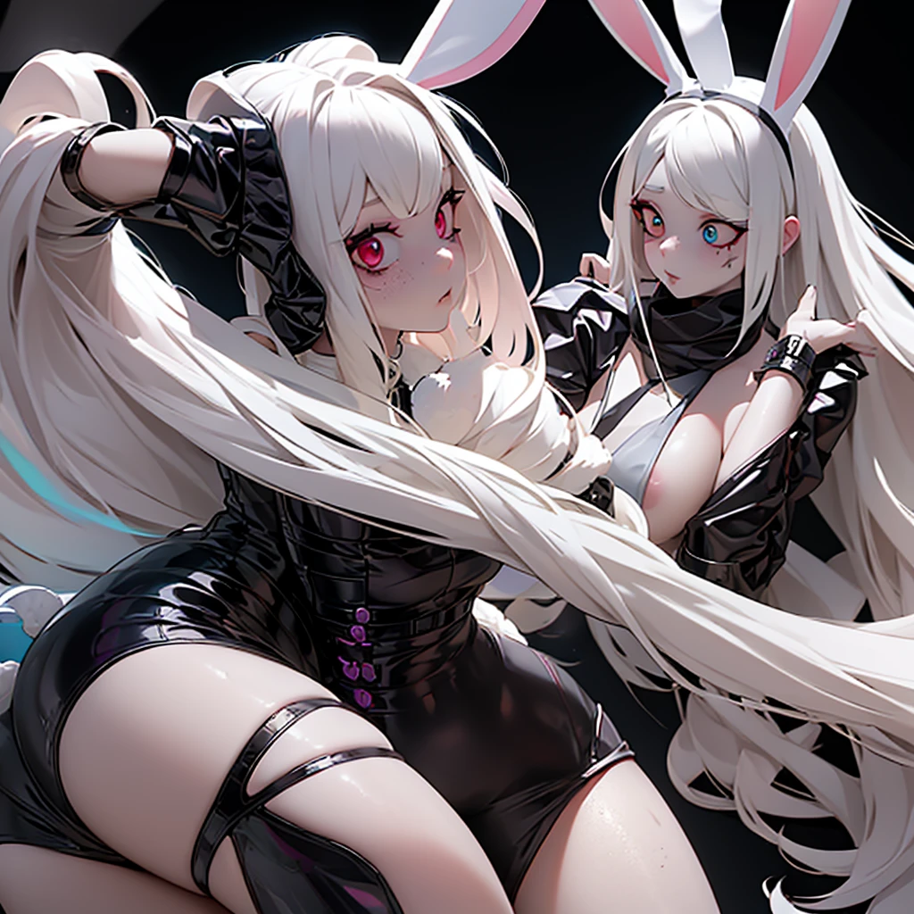 ((1Girl)) ((Bunny girl)) ((Bunny ears)) ((Bunny tail)) ((Cultist)) ((Cult leader))
She has long white hair that touches the ground, she has heterochromia iridium, her left eye is red, and her right eye is black, she has pale skin, with freckles all over, she has long brown bunny ears, and a brown bunny tail, she has bunny whiskers, she dresses in a gothic fashion, wearing skirts, and tiny tops, she has bruised knees, and wears platforms, she is a bunny-human hybrid, she is a cultist, a cult leader, she has bangs covering a hole in her forehead, she has brusies on her body.