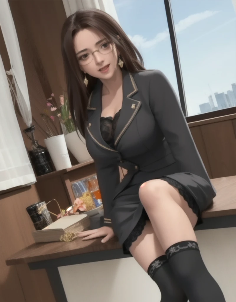 (high quality:1.1), Cinema Lighting, Highly detailed, blooming,
Izumi, Mature Woman, teacher, A girl, alone, Sitting at a table, window, Cowboy Shot,
Look at your audience, beautiful eyes, charming smile, blush, Open your mouth,
Light brown hair, long straight hair, Hair lift, Single hair swallow, Big eyes, Green eyes, compensation, Glasses, jewelry, Earrings,
Skirt Suit, (black knee socks:1.1), underwear,
Big Breasts, Cleavage, Thighs, Long Legs, Underwear
Complicated and intricate room background, Day, Day光, Cityscape,
