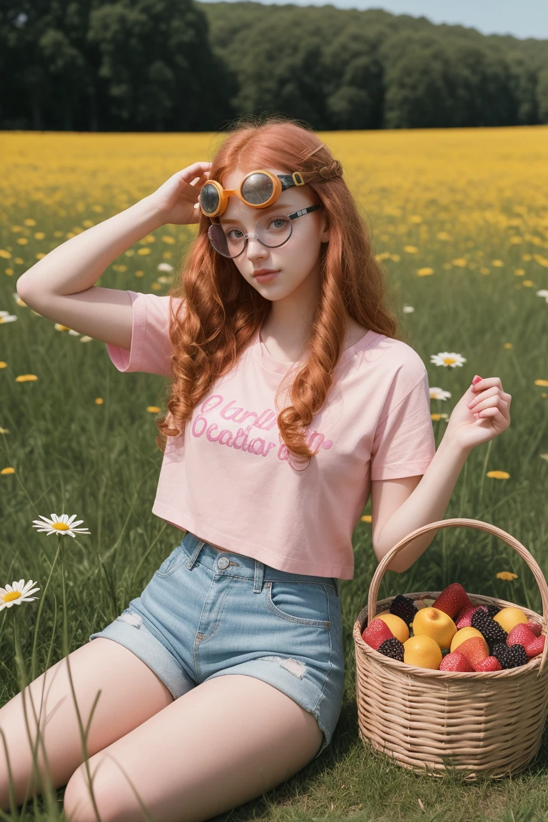 (girl:1.2),alone, (long ginger curly hair:1.1), black eyes, Wearing goggles on head, Sit in a daisy field, (fruit basket:1.1), pink shorts, light pink shirt,,raw,photographic,photo shadows,actual,Ridiculous,Aesthetic,elegant