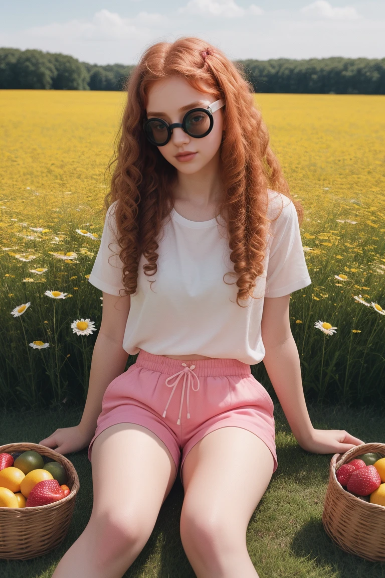 (girl:1.2),alone, (long ginger curly hair:1.1), black eyes, Wearing goggles on head, Sit in a daisy field, (fruit basket:1.1), pink shorts, light pink shirt,,raw,photographic,photo shadows,actual,Ridiculous,Aesthetic,elegant
