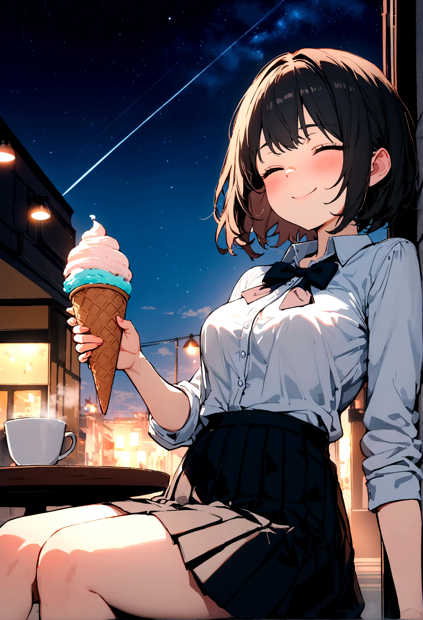 (8k, best quality, masterpiece: 1.2), ultra-detailed, 1 girl, cute, solo, beautiful detailed sky, detailed coffee, night, sitting, (flushed nose), (smile: 1.1), (mouth closed), medium breasts, beautiful detailed eyes, (collared shirt: 1.1), bow tie, pleated skirt, (short hair: 1.2), long hair, taking big ice cream,