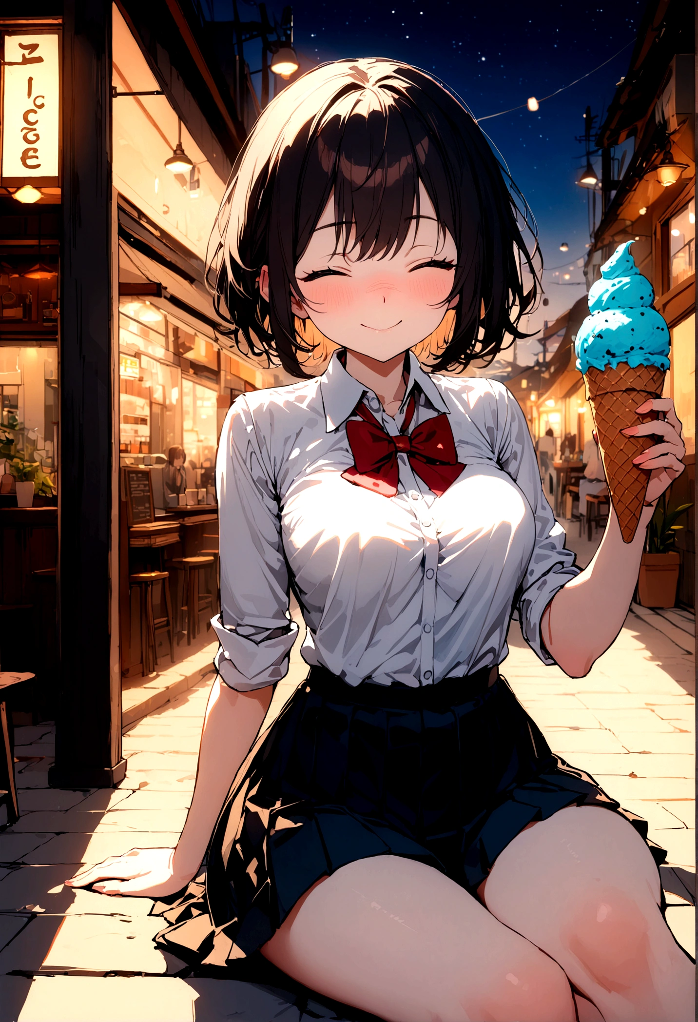 (8k, best quality, masterpiece: 1.2), ultra-detailed, 1 girl, cute, solo, beautiful detailed sky, detailed coffee, night, sitting, (flushed nose), (smile: 1.1), (mouth closed), medium breasts, beautiful detailed eyes, (collared shirt: 1.1), bow tie, pleated skirt, (short hair: 1.2), long hair, taking big ice cream,