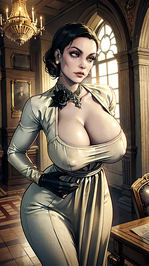 Alcina,yellow eyes,black hair,short hair, 
white dress with flower, single earring,cleavage,  black gloves, veiny, 
upper body, standing,  cowboy shot,  curvy,  leaning forward,   
looking at viewer,smile,
castle,indoors,night, desk, 
(insanely detailed, beautiful detailed face, beautiful detailed eyes, masterpiece, best quality),solo, 