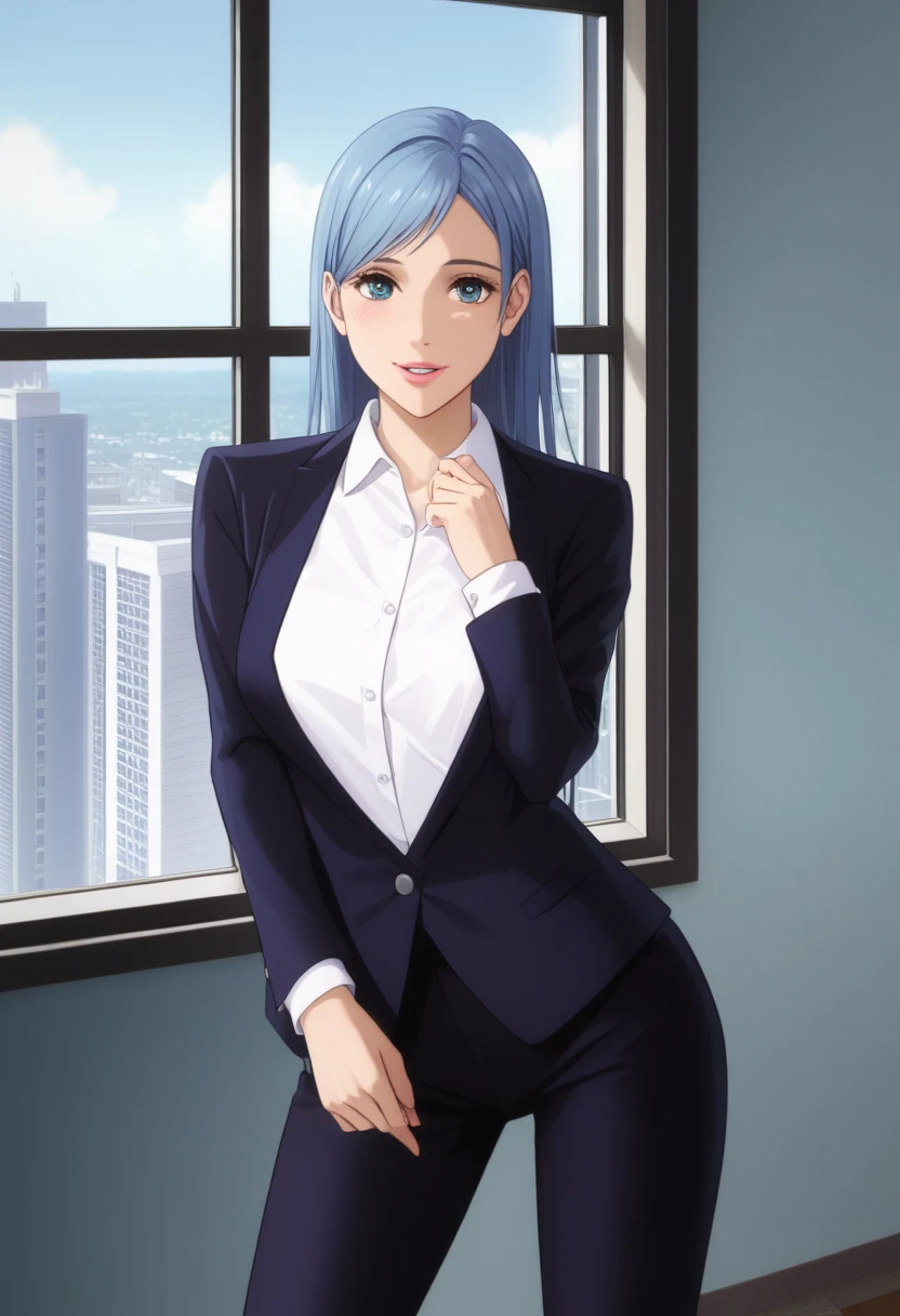 score_9_up, score_8_up, score_7_up, 1girl, solo, mature female, Miea, long blue hair, blue eyes, pink lips, parted lips, fit slim body, perfect medium erected breast, (((black blazer, white shirt, black pants))), (((higly detailed modern luxury office with panoramic windows))), looking at the viewer, perfect model body, shy smile, seductive pose