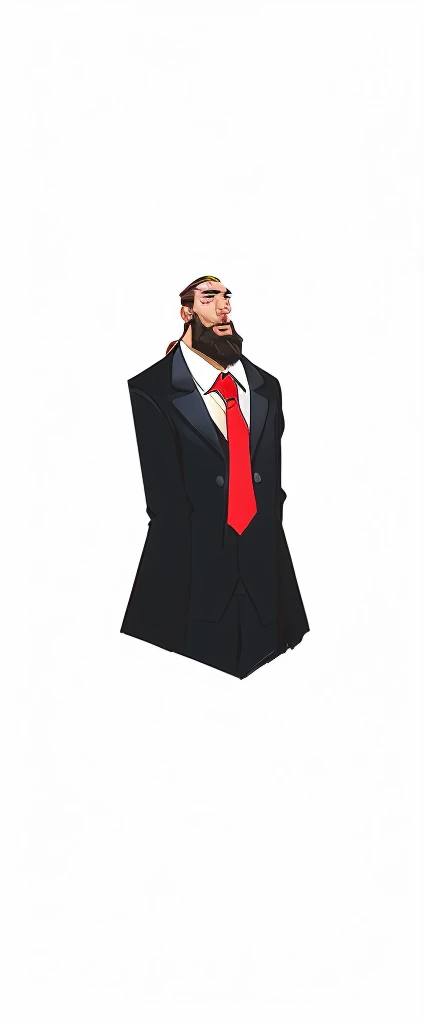 A man with a bushy beard, brunette hair but with a blonde topknot, wearing a black suit with a red tie, style cartoon (cos) - Renan Souzones
