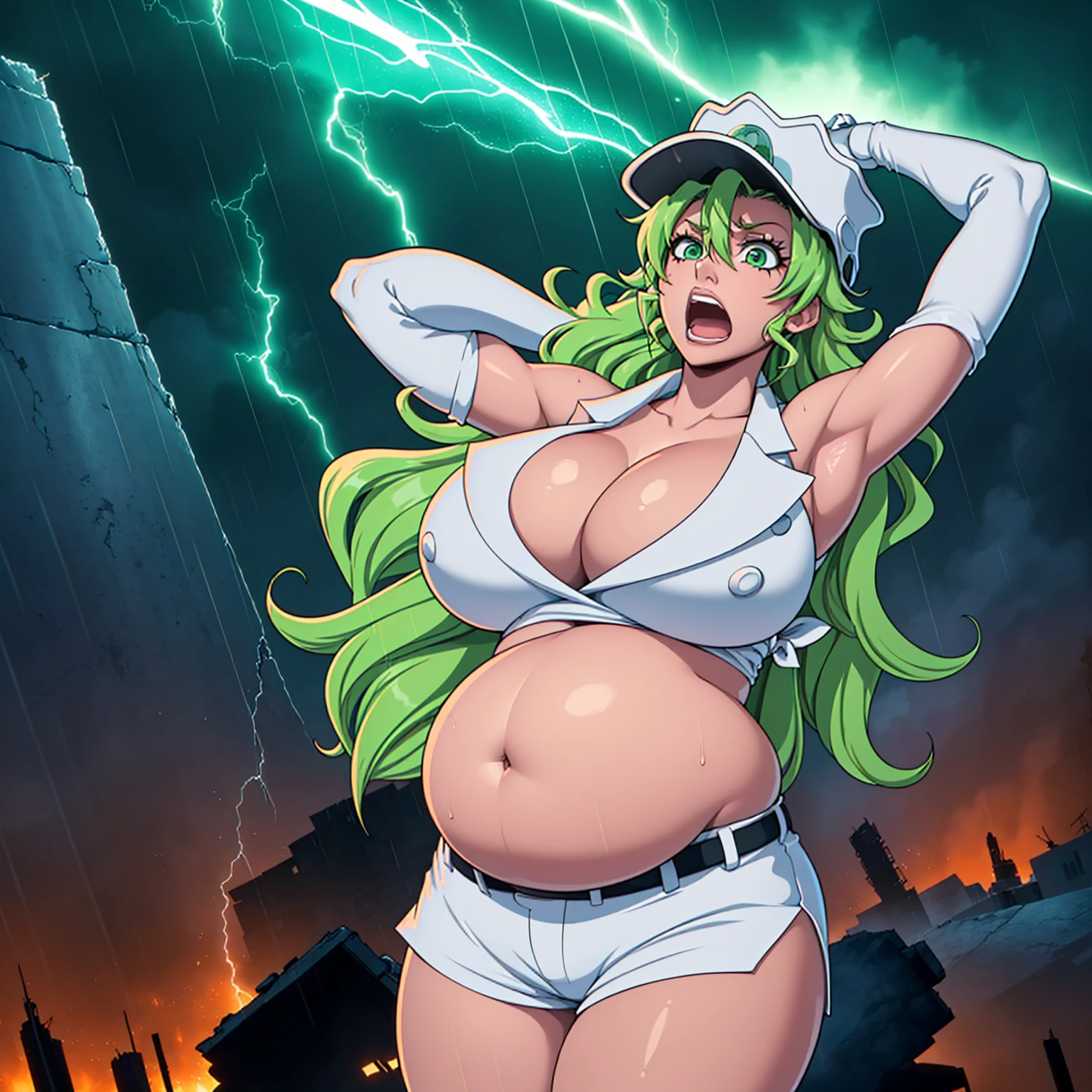 Masterpiece, Best Quality, candice, 1girl, solo, long  hair, huge breasts, big breasts, gloves, white hat, cleavage, green eyes, green hair, shorts, elbow gloves, Peak hat, The Burned City, lightning, raining, Rain, ((big belly, massive belly, giant belly)), shocked, open mouth, (hands behind head:1.4), (solo:1.5)