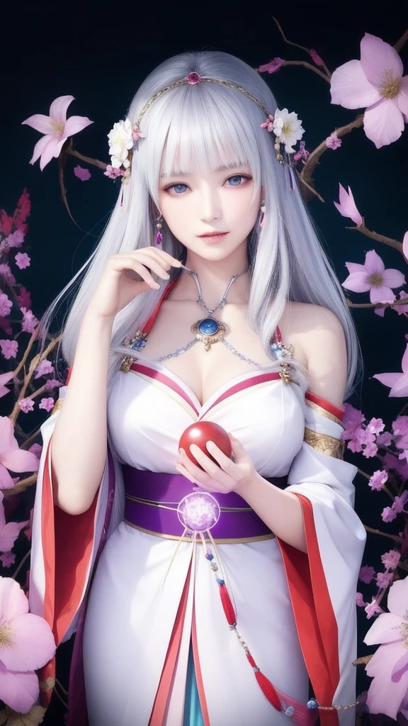 (masterpiece, top quality, 1 female, solo, exquisite details, chromatic aberration), (realistic), (skin), ((breathing)), (silver hair, blunt bangs, cropped straight long hair, short bangs, silver hair), beautiful hair, red headdress, highlights, hair on one eye, beautiful eyes, purple eyes, thick lips, earrings, piercing eyes, ((gold and white kimono)), ((symmetrical eyes)), ((perfectly symmetrical body)), ((perfectly symmetrical hands)), (purerosface_v1:0.3), full moon night, ((self, natural light))), bright lighting, flowers blooming in background, in front of viewer, ((central shot, from the front, (face and shoulders))), mysterious atmosphere, colorful flowers blooming around, bright colored background, shrine maiden in kimono, beautiful shrine maiden, Shrine maiden, fantasy female shrine maiden, female fortune telling shrine maiden, fantasy photography, Japanese style, elegant cinematic fantasy art, fantasy woman, sorceress portrait, powerful wizard surrounded by mystical colorful flowers, holding a glowing heart crystal ball, eyes glowing with mystical energy, spells leaking from her mouth, vibrant sorcery vortexes pulsating with rainbow hues appear in the air, magic permeates, flowers bloom, sacred creatures gaze in awe, threads of magical energy dance, reveal hidden realms, unravel secrets, capture the essence of this enchanting moment and bring to life the mystical power of sorcery on a canvas of the highest quality and finest detail. Top quality, masterpiece, ultra high resolution, (photorealistic: 1.4), RAW photo, sharp focus, high resolution, detailed skin.
Flowers blooming all around, bright colored background, fortune teller in kimono, beautiful fortune teller, fortune teller, fantasy female fortune teller, female fortune teller, fantasy photography, Japanese style, fortune teller in kimono, elegant cinematic fantasy art, fantasy woman, magician portrait, fortune teller, powerful wizard surrounded by mystical colorful flowers, holding a glowing heart c