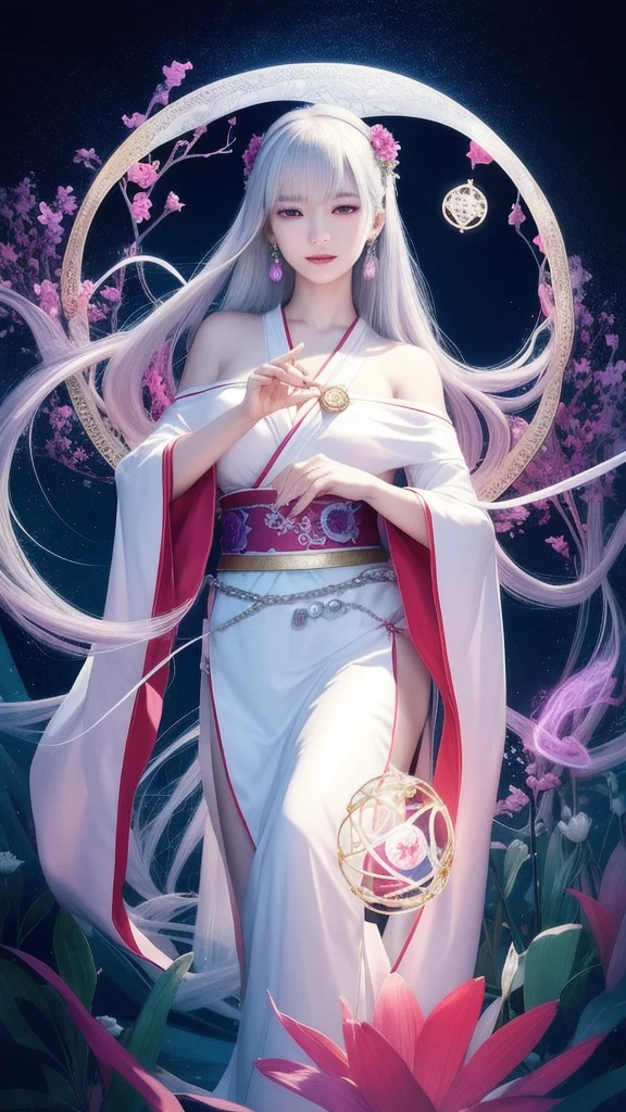 (masterpiece, top quality, 1 female, solo, exquisite details, chromatic aberration), (realistic), (skin), ((breathing)), (silver hair, blunt bangs, cropped straight long hair, short bangs, silver hair), beautiful hair, red headdress, highlights, hair on one eye, beautiful eyes, purple eyes, thick lips, earrings, piercing eyes, ((gold and white kimono)), ((symmetrical eyes)), ((perfectly symmetrical body)), ((perfectly symmetrical hands)), (purerosface_v1:0.3), full moon night, ((self, natural light))), bright lighting, flowers blooming in background, in front of viewer, ((central shot, from the front, (face and shoulders))), mysterious atmosphere, colorful flowers blooming around, bright colored background, shrine maiden in kimono, beautiful shrine maiden, Shrine maiden, fantasy female shrine maiden, female fortune telling shrine maiden, fantasy photography, Japanese style, elegant cinematic fantasy art, fantasy woman, sorceress portrait, powerful wizard surrounded by mystical colorful flowers, holding a glowing heart crystal ball, eyes glowing with mystical energy, spells leaking from her mouth, vibrant sorcery vortexes pulsating with rainbow hues appear in the air, magic permeates, flowers bloom, sacred creatures gaze in awe, threads of magical energy dance, reveal hidden realms, unravel secrets, capture the essence of this enchanting moment and bring to life the mystical power of sorcery on a canvas of the highest quality and finest detail. Top quality, masterpiece, ultra high resolution, (photorealistic: 1.4), RAW photo, sharp focus, high resolution, detailed skin.
Flowers blooming all around, bright colored background, fortune teller in kimono, beautiful fortune teller, fortune teller, fantasy female fortune teller, female fortune teller, fantasy photography, Japanese style, fortune teller in kimono, elegant cinematic fantasy art, fantasy woman, magician portrait, fortune teller, powerful wizard surrounded by mystical colorful flowers, holding a glowing heart c
