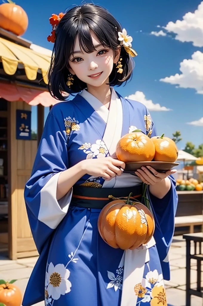 A beautiful smiling woman in a kimono holding a bunch of oranges under a blue sky