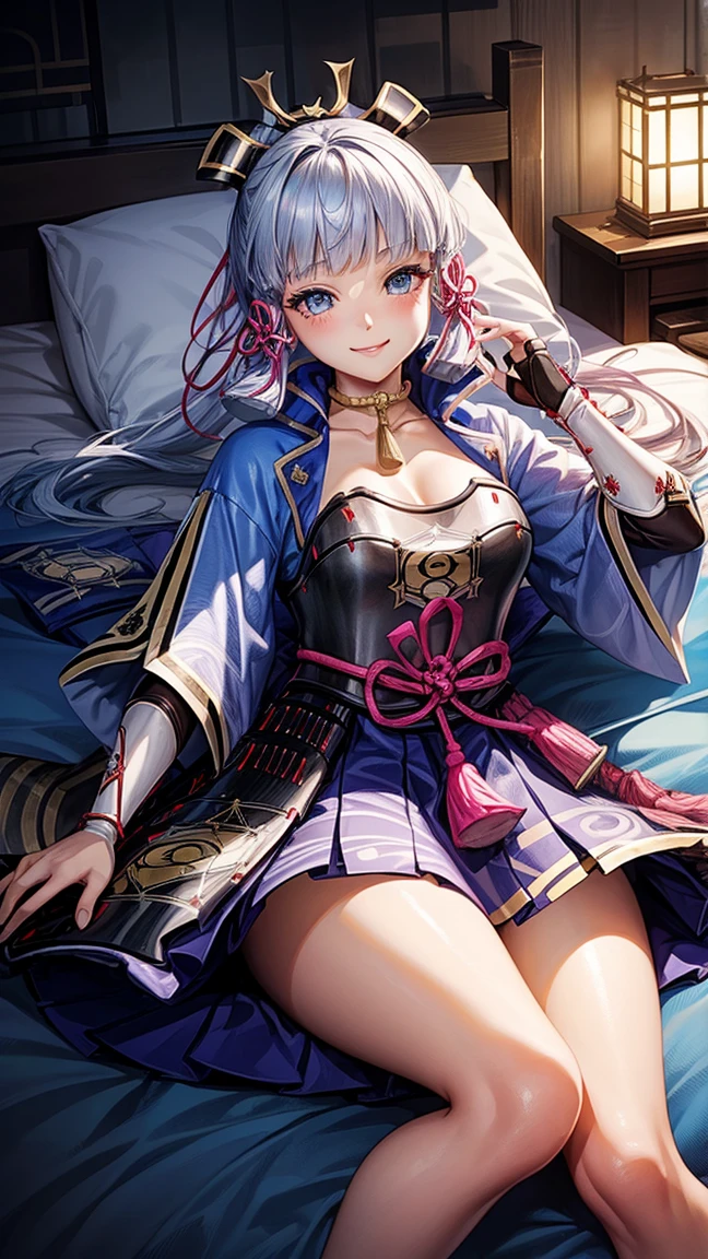 (Kamisatoayakadef), (narrow waist), blushing, official art, detail face, cg, lying on bed, (expansive landscape photography:1.2),(indoor night), giganic breasts,smile, make up, eyeliner, eyeshadow