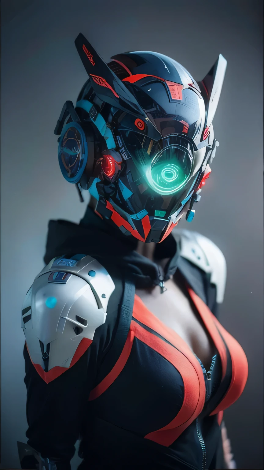 Masterpiece, Best Quality, a closeup of a futuristic looking cyborg girl with a fantastic cyber helmet head with red triangular LED lights and a halo, dressed in a black Techwear jacket, whole body white background