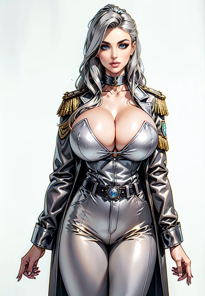 persian porn actress, blond long hair, gold epaulet,brown eyes,silver grey leahter Uniform, silver gray leathertrousers black boots,,big breast, cleavage, belt,standing