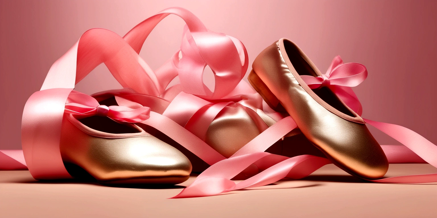 Banner graph；poster；A pair of tiny ballet shoes，Wrapped in a pink ribbon；Ribbons fill the screen；dream，mystery；Big scene；Golden pink hue。Low saturation；Background pure，Simplicity。Large blank space in the center。