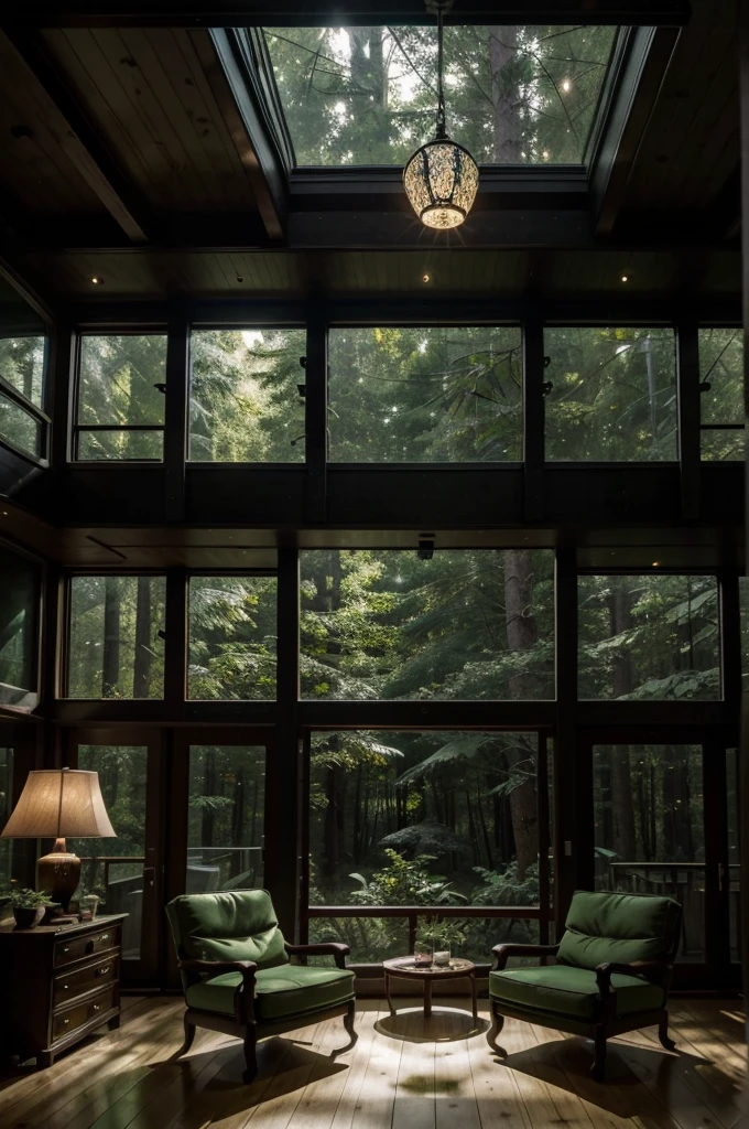 A double-height living room with a large floor-to-ceiling window in a forest home. Outside there is a dark landscape covered in dense trees.. The living area is decorated with a bed and lamps illuminating the room. The color palette is in darker and green tones, bringing a feeling of wild life.
