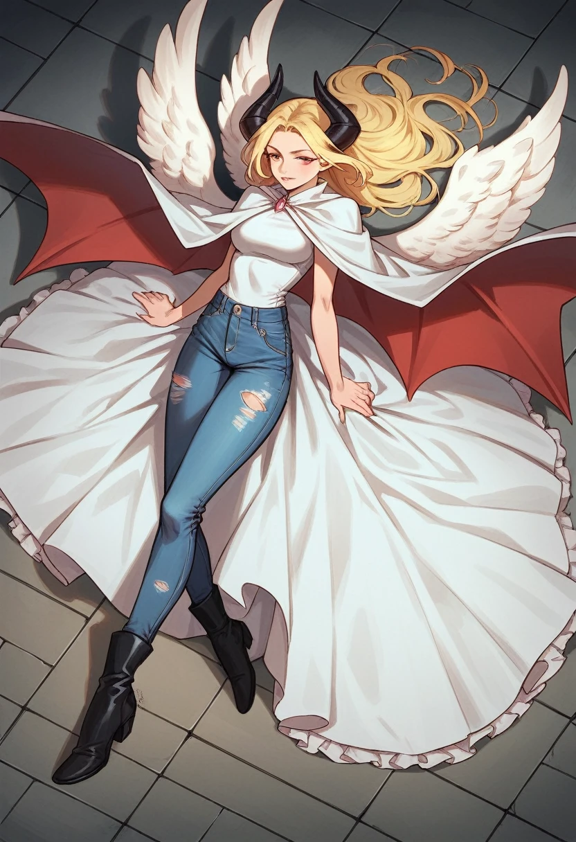 high-angle shots, and fisheye effects. A beautiful mecha angel lady and an mecha evil devil lady walking side by side, one with long blonde hair in white flowing gown with wings on back of her arms, other has pink red black colored hair wearing cloak and ripped jeans boots and horns with bat tail behind them city background realistic high detail, photo, cinematic, anime, dark fantasy, vibrant, landscape photography, fullbody