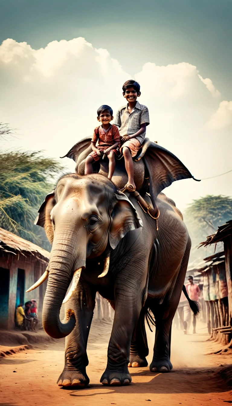 50 years back, indian village, young boy riding a huge elephant size bull, old style photo realistic image, vintage colors, detailed texture, nostalgic feel, high contrast lighting --ar 9:16