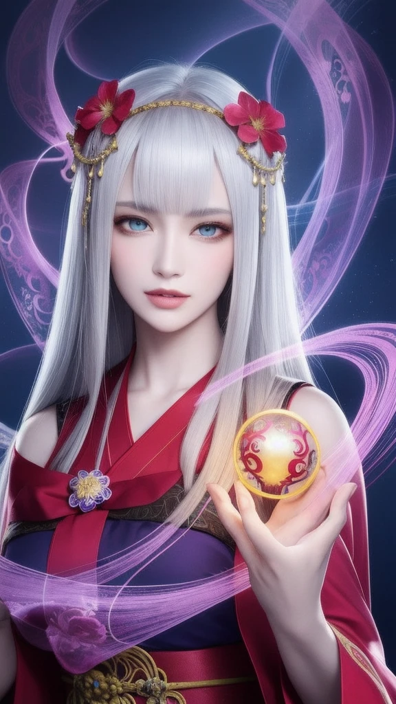 (masterpiece, top quality, 1 female, solo, exquisite details, chromatic aberration), (realistic), (skin), ((breathing)), (silver hair, blunt bangs, cropped straight long hair, short bangs, silver hair), beautiful hair, red headdress, highlights, hair on one eye, beautiful eyes, purple eyes, thick lips, earrings, piercing eyes, ((gold and white kimono)), ((symmetrical eyes)), ((perfectly symmetrical body)), ((perfectly symmetrical hands)), (purerosface_v1:0.3), full moon night, ((self, natural light))), bright lighting, flowers blooming in background, in front of viewer, ((central shot, from the front, (face and shoulders))), mysterious atmosphere, colorful flowers blooming around, bright colored background, shrine maiden in kimono, beautiful shrine maiden, Shrine maiden, fantasy female shrine maiden, female fortune telling shrine maiden, fantasy photography, Japanese style, elegant cinematic fantasy art, fantasy woman, sorceress portrait, powerful wizard surrounded by mystical colorful flowers, holding a glowing heart crystal ball, eyes glowing with mystical energy, spells leaking from her mouth, vibrant sorcery vortexes pulsating with rainbow hues appear in the air, magic permeates, flowers bloom, sacred creatures gaze in awe, threads of magical energy dance, reveal hidden realms, unravel secrets, capture the essence of this enchanting moment and bring to life the mystical power of sorcery on a canvas of the highest quality and finest detail. Top quality, masterpiece, ultra high resolution, (photorealistic: 1.4), RAW photo, sharp focus, high resolution, detailed skin.
Flowers blooming all around, bright colored background, fortune teller in kimono, beautiful fortune teller, fortune teller, fantasy female fortune teller, female fortune teller, fantasy photography, Japanese style, fortune teller in kimono, elegant cinematic fantasy art, fantasy woman, magician portrait, fortune teller, powerful wizard surrounded by mystical colorful flowers, holding a glowing heart c