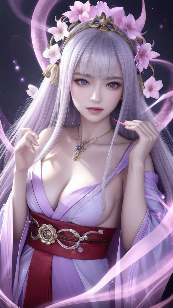 (masterpiece, top quality, 1 female, solo, exquisite details, chromatic aberration), (realistic), (skin), ((breathing)), (silver hair, blunt bangs, cropped straight long hair, short bangs, silver hair), beautiful hair, red headdress, highlights, hair on one eye, beautiful eyes, purple eyes, thick lips, earrings, piercing eyes, ((gold and white kimono)), ((symmetrical eyes)), ((perfectly symmetrical body)), ((perfectly symmetrical hands)), (purerosface_v1:0.3), full moon night, ((self, natural light))), bright lighting, flowers blooming in background, in front of viewer, ((central shot, from the front, (face and shoulders))), mysterious atmosphere, colorful flowers blooming around, bright colored background, shrine maiden in kimono, beautiful shrine maiden, Shrine maiden, fantasy female shrine maiden, female fortune telling shrine maiden, fantasy photography, Japanese style, elegant cinematic fantasy art, fantasy woman, sorceress portrait, powerful wizard surrounded by mystical colorful flowers, holding a glowing heart crystal ball, eyes glowing with mystical energy, spells leaking from her mouth, vibrant sorcery vortexes pulsating with rainbow hues appear in the air, magic permeates, flowers bloom, sacred creatures gaze in awe, threads of magical energy dance, reveal hidden realms, unravel secrets, capture the essence of this enchanting moment and bring to life the mystical power of sorcery on a canvas of the highest quality and finest detail. Top quality, masterpiece, ultra high resolution, (photorealistic: 1.4), RAW photo, sharp focus, high resolution, detailed skin.
Flowers blooming all around, bright colored background, fortune teller in kimono, beautiful fortune teller, fortune teller, fantasy female fortune teller, female fortune teller, fantasy photography, Japanese style, fortune teller in kimono, elegant cinematic fantasy art, fantasy woman, magician portrait, fortune teller, powerful wizard surrounded by mystical colorful flowers, holding a glowing heart c