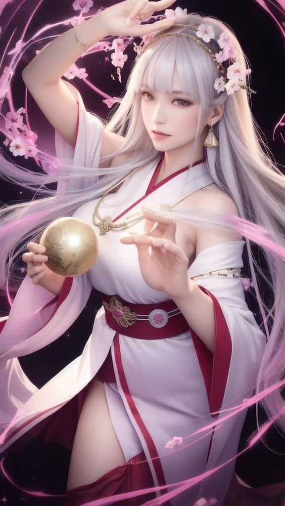 (masterpiece, top quality, 1 female, solo, exquisite details, chromatic aberration), (realistic), (skin), ((breathing)), (silver hair, blunt bangs, cropped straight long hair, short bangs, silver hair), beautiful hair, red headdress, highlights, hair on one eye, beautiful eyes, purple eyes, thick lips, earrings, piercing eyes, ((gold and white kimono)), ((symmetrical eyes)), ((perfectly symmetrical body)), ((perfectly symmetrical hands)), (purerosface_v1:0.3), full moon night, ((self, natural light))), bright lighting, flowers blooming in background, in front of viewer, ((central shot, from the front, (face and shoulders))), mysterious atmosphere, colorful flowers blooming around, bright colored background, shrine maiden in kimono, beautiful shrine maiden, Shrine maiden, fantasy female shrine maiden, female fortune telling shrine maiden, fantasy photography, Japanese style, elegant cinematic fantasy art, fantasy woman, sorceress portrait, powerful wizard surrounded by mystical colorful flowers, holding a glowing heart crystal ball, eyes glowing with mystical energy, spells leaking from her mouth, vibrant sorcery vortexes pulsating with rainbow hues appear in the air, magic permeates, flowers bloom, sacred creatures gaze in awe, threads of magical energy dance, reveal hidden realms, unravel secrets, capture the essence of this enchanting moment and bring to life the mystical power of sorcery on a canvas of the highest quality and finest detail. Top quality, masterpiece, ultra high resolution, (photorealistic: 1.4), RAW photo, sharp focus, high resolution, detailed skin.
Flowers blooming all around, bright colored background, fortune teller in kimono, beautiful fortune teller, fortune teller, fantasy female fortune teller, female fortune teller, fantasy photography, Japanese style, fortune teller in kimono, elegant cinematic fantasy art, fantasy woman, magician portrait, fortune teller, powerful wizard surrounded by mystical colorful flowers, holding a glowing heart c