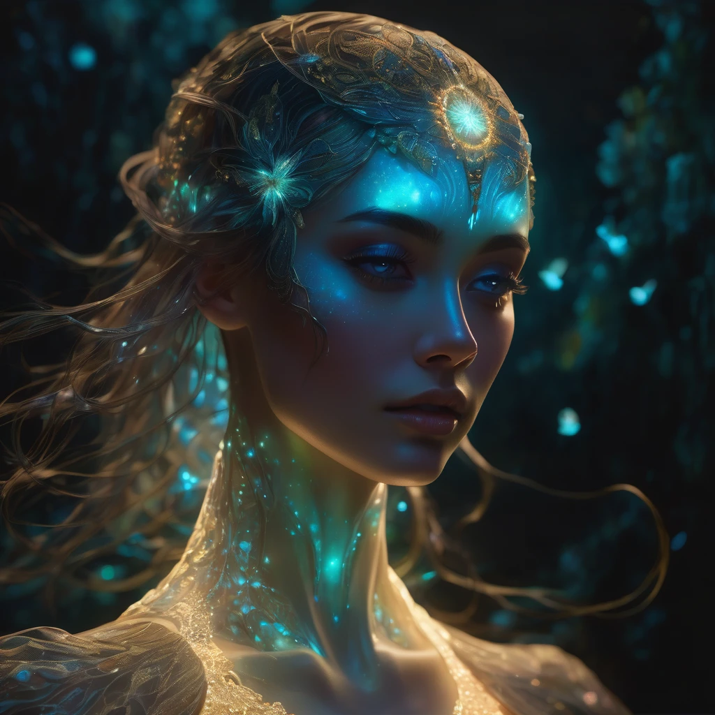 a charming anthropomorphic strong bioluminescent full bodygirl, translucent skin, strong glowing bioluminescent details, ethereal atmospheric lighting, dramatic chiaroscuro lighting, rich color palette, dreamlike fantasy, digital painting, hyperrealistic, 8k, high quality, intricate details, masterpiece, Nicola Samori