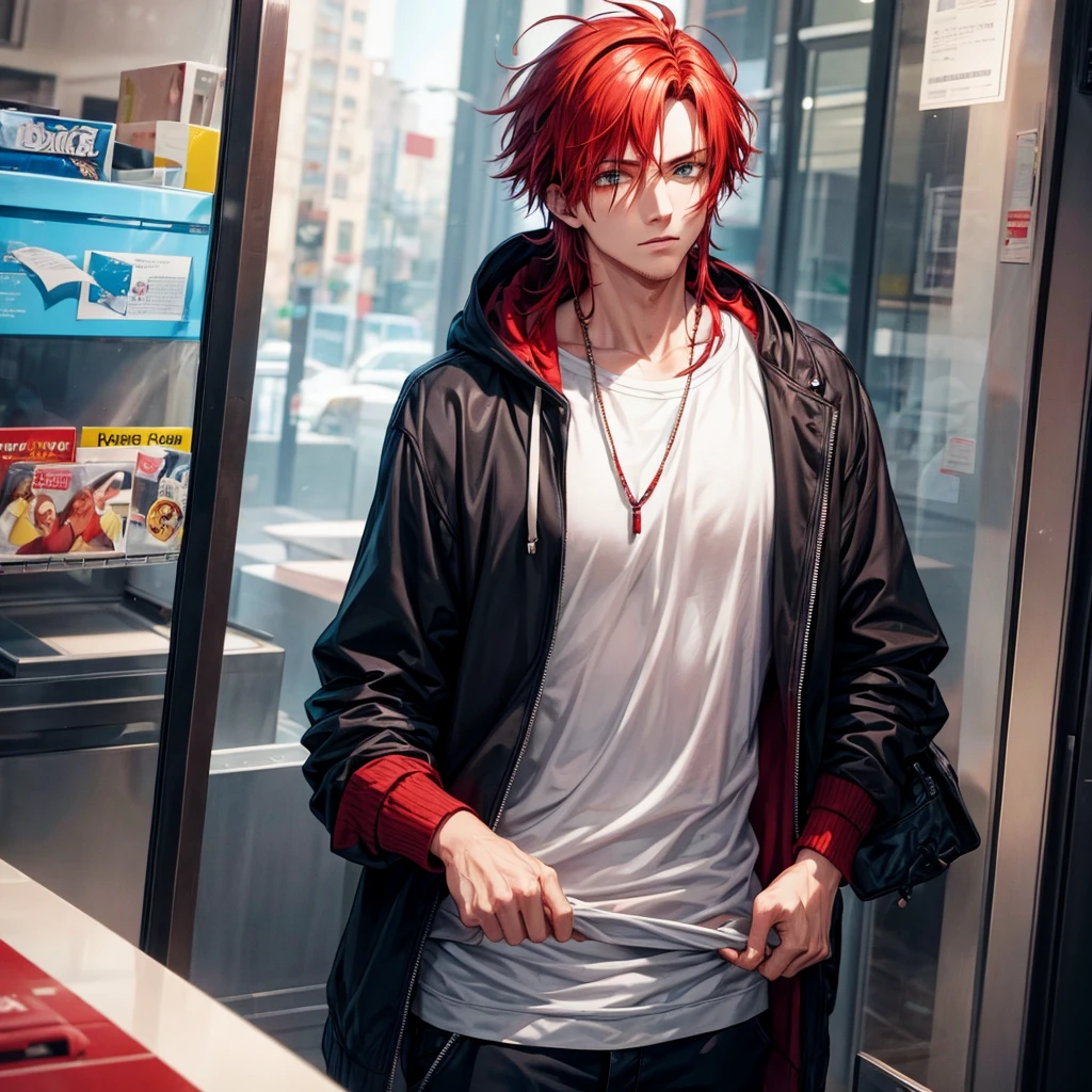 A cool-looking man with messy red hair and a hoodie