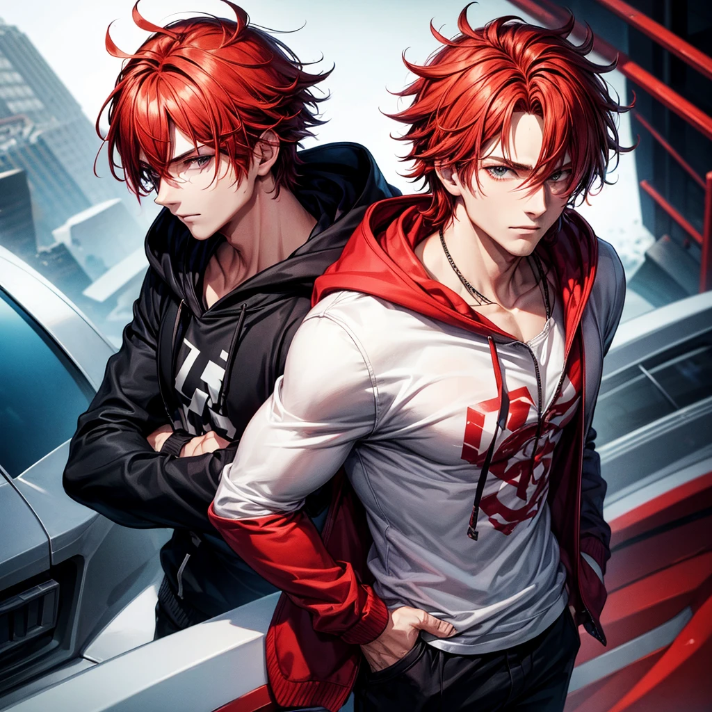 A cool-looking man with messy red hair and a hoodie