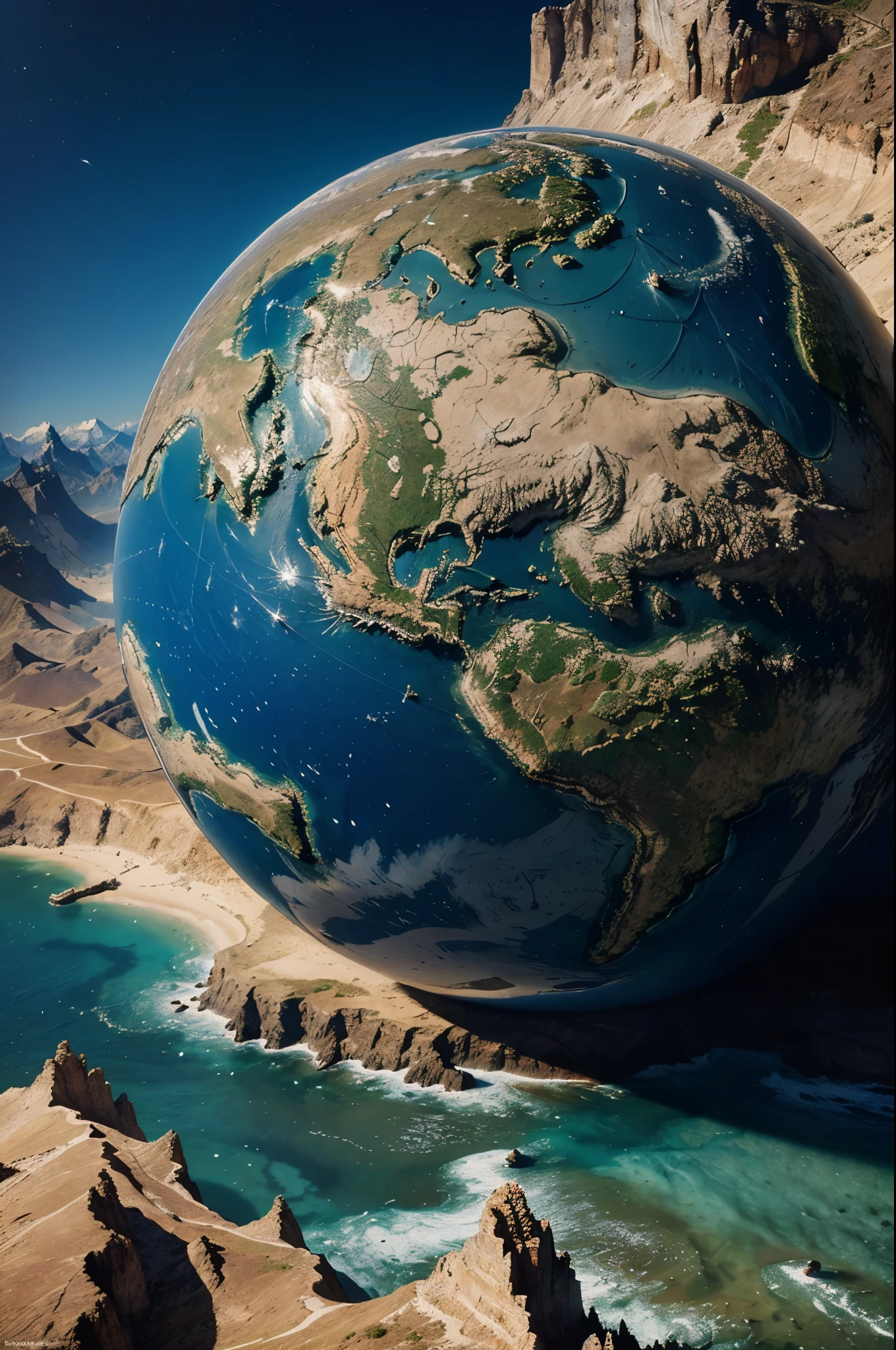 a detailed mapa mundi, beautiful detailed geography, highly detailed continents and oceans, intricate landforms and mountain ranges, stunning realistic lighting, (best quality,4k,8k,highres,masterpiece:1.2),ultra-detailed,(realistic,photorealistic,photo-realistic:1.37),vibrant colors,dramatic shadows and highlights,cinematic composition,sweeping landscape,dramatic angle,epic scale,awe-inspiring,digital art,concept art