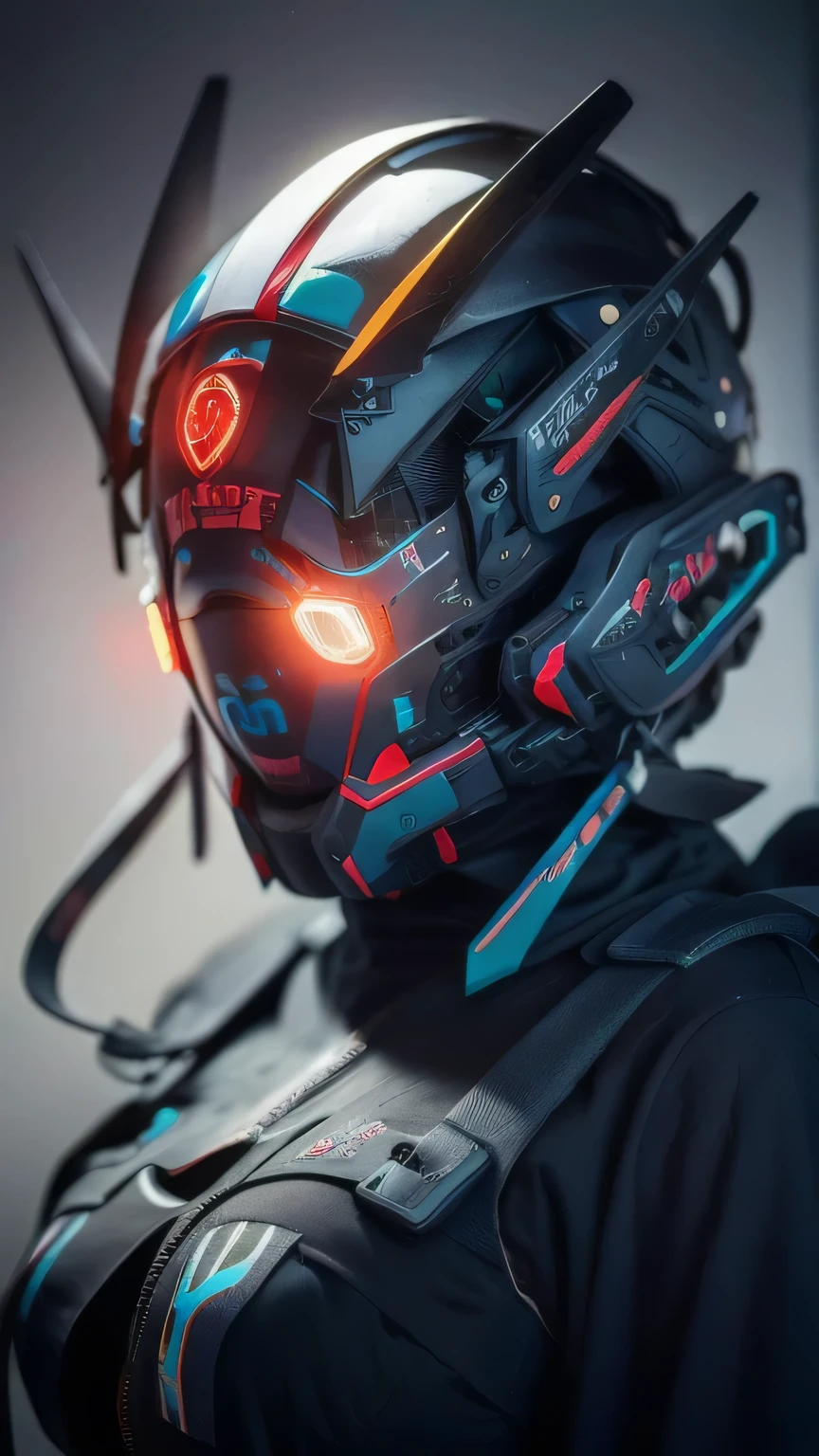 Masterpiece, Best Quality, a closeup of a futuristic looking cyborg girl with a fantastic cyber helmet head with red triangular LED lights and a halo, dressed in a black Techwear jacket, whole body white background