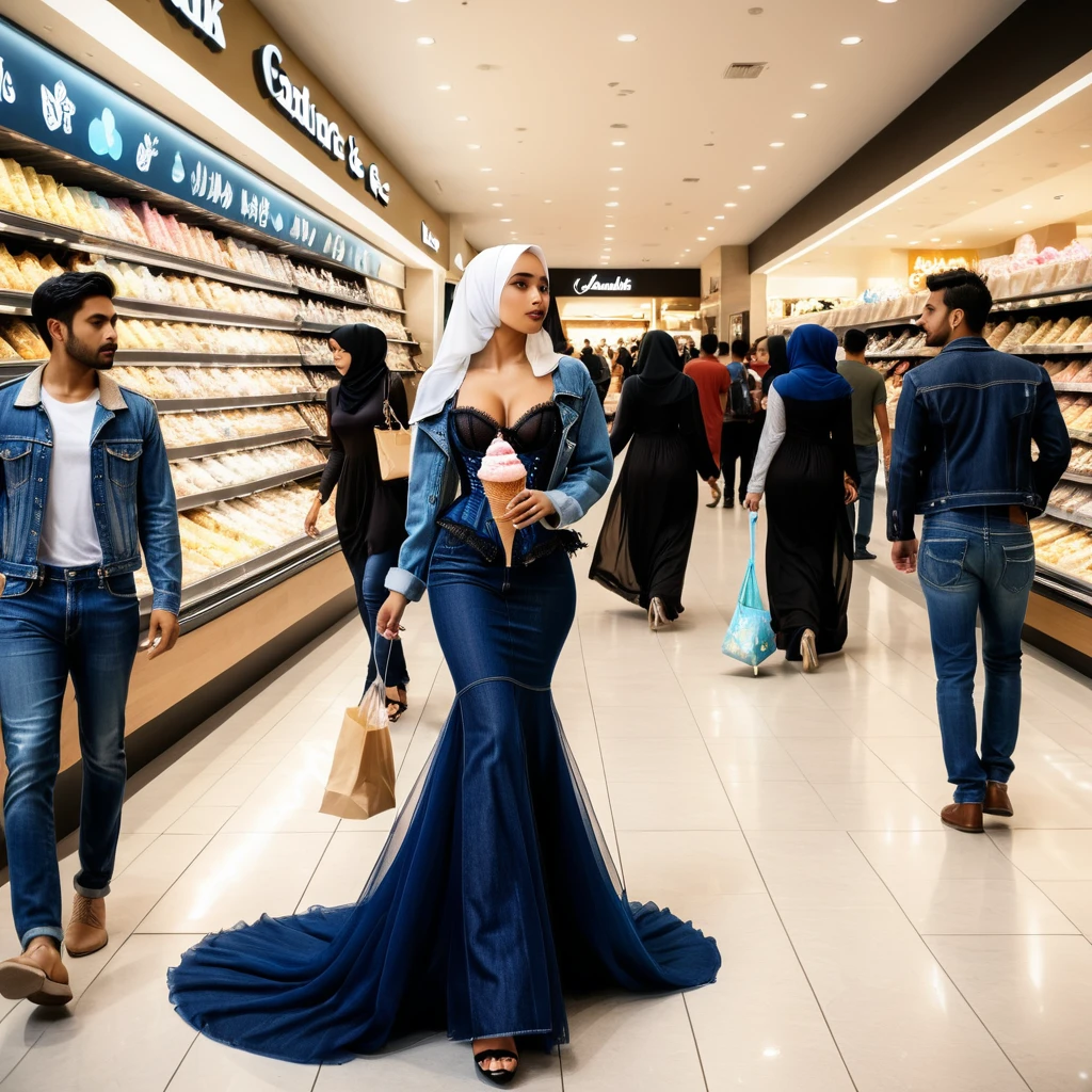 A woman in the sheer night gown, wear corset with bra expose, wear denim jacket,wearing modern hijab, full body, mermaid tight long gown, flowy dramatic long gown,very long flor length gown, tall women, walk in mall, between people, in the middle of the crowd, shoping bag, sexy face, eat ice cream cone,sexy pose, wear high heels, masterpice, hyper realistic