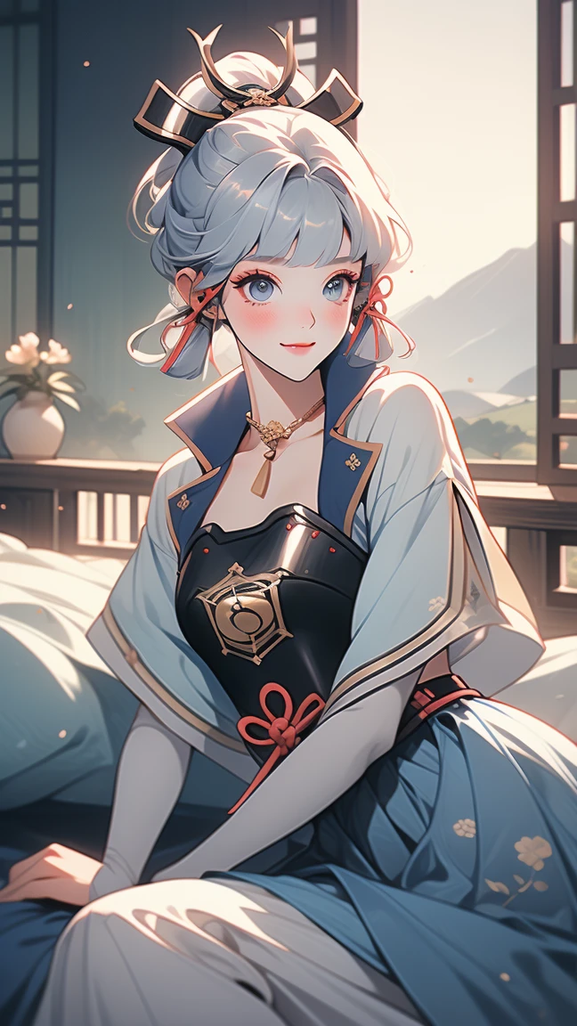 (Kamisatoayakadef), (narrow waist), blushing, official art, detail face, cg, lying on bed, (expansive landscape photography:1.2),(indoor night), giganic breasts,smile, make up, eyeliner, eyeshadow