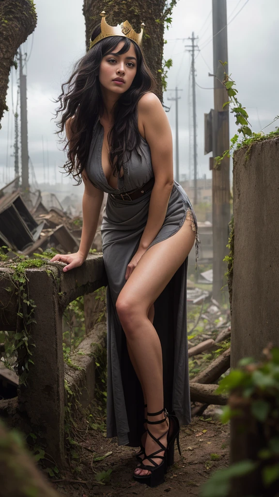 A beautiful European women, queen, Leaning forward, bending over, full body, wearing torn dress, long dress, bone crown, grey sky, Post-Apocalyptic city, lianas, trees, vines. She is 24 years old, has black hair, long hair, curly hair and black eyes. Her cloth is stylish and her overall appearance is stunning. The girl's face is extremely detailed with beautifully detailed lips. Her skin is anatomically correct with realistic textures. The image should have super high details and be of the best quality, with a resolution of 8K. The final result should be a masterpiece, showcasing the girl's beauty and the vibrant atmosphere of The destroyed Post-Apocalyptic city and trees and vines