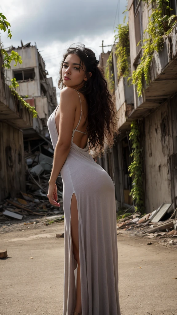 A beautiful European women, queen, Leaning forward, bending over, full body, wearing torn dress, long dress, bone crown, grey sky, Post-Apocalyptic city, lianas, trees, vines. She is 24 years old, has black hair, long hair, curly hair and black eyes. Her cloth is stylish and her overall appearance is stunning. The girl's face is extremely detailed with beautifully detailed lips. Her skin is anatomically correct with realistic textures. The image should have super high details and be of the best quality, with a resolution of 8K. The final result should be a masterpiece, showcasing the girl's beauty and the vibrant atmosphere of The destroyed Post-Apocalyptic city and trees and vines